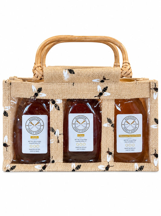 3 lb Honey Gift Set – 3 x 1 lb Bottles in Burlap Gift Bag | Raw Varietal Honey